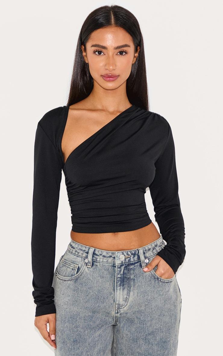 Pretty Little Thing Petite Black Slinky Long Sleeve Ruched Side Top