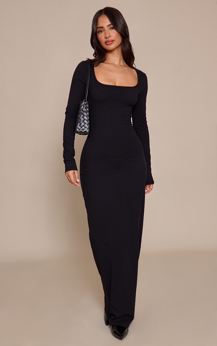 Pretty Little Thing Petite Black Snatched Sculpt Long Sleeve Maxi Dress