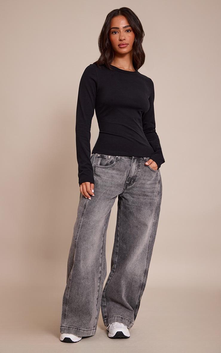 Pretty Little Thing Petite Black Soft Cotton Crew Neck Longline Long Sleeve Top