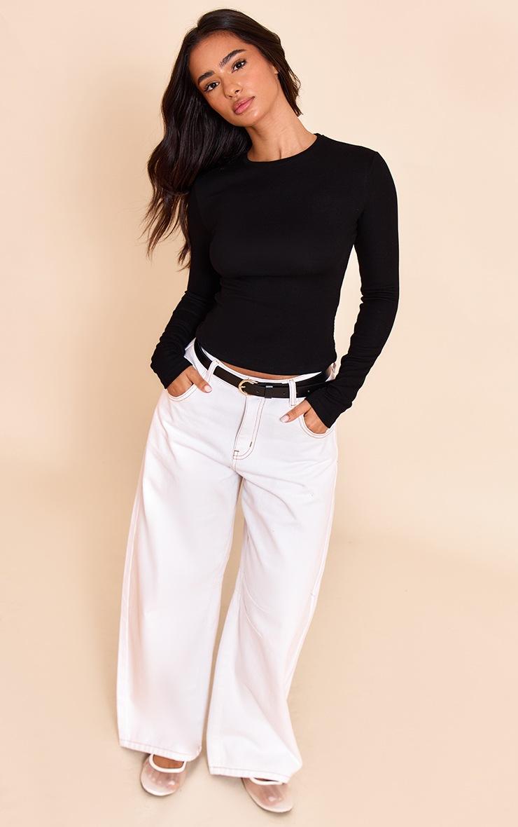 Pretty Little Thing Petite Black Soft Rib Crew Neck Long Sleeve Top
