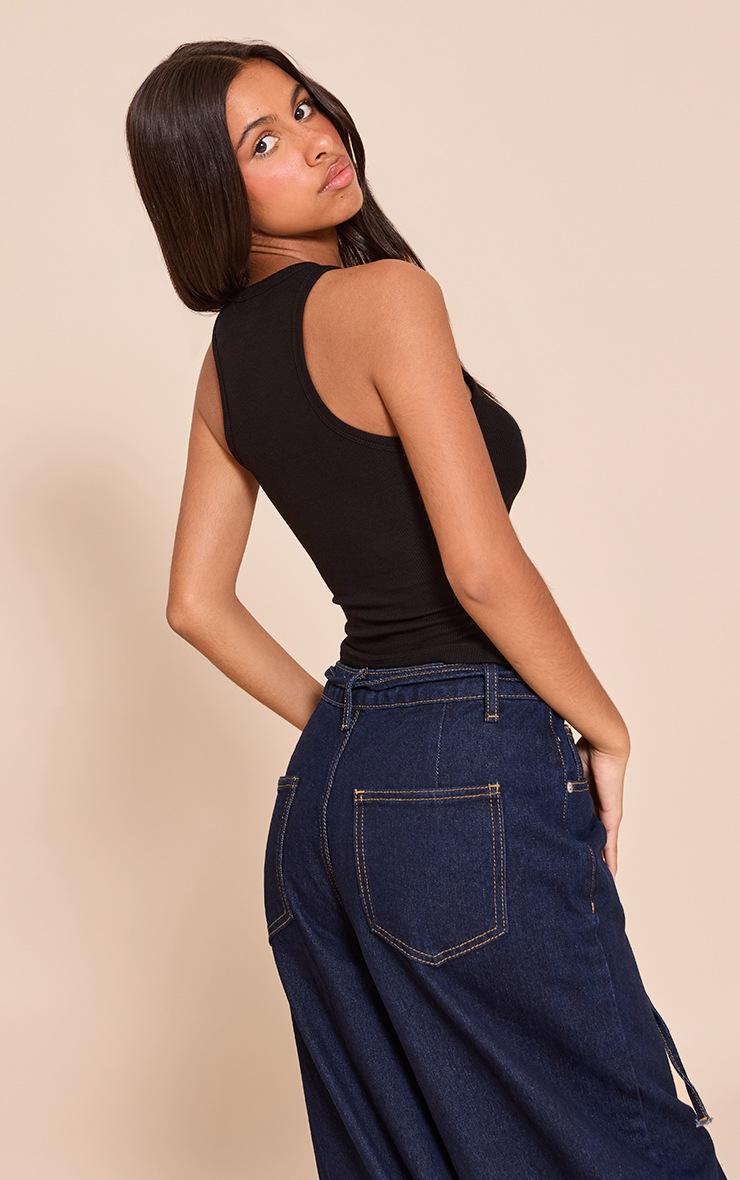 Pretty Little Thing Petite Black Soft Rib Racer Neck Vest Top