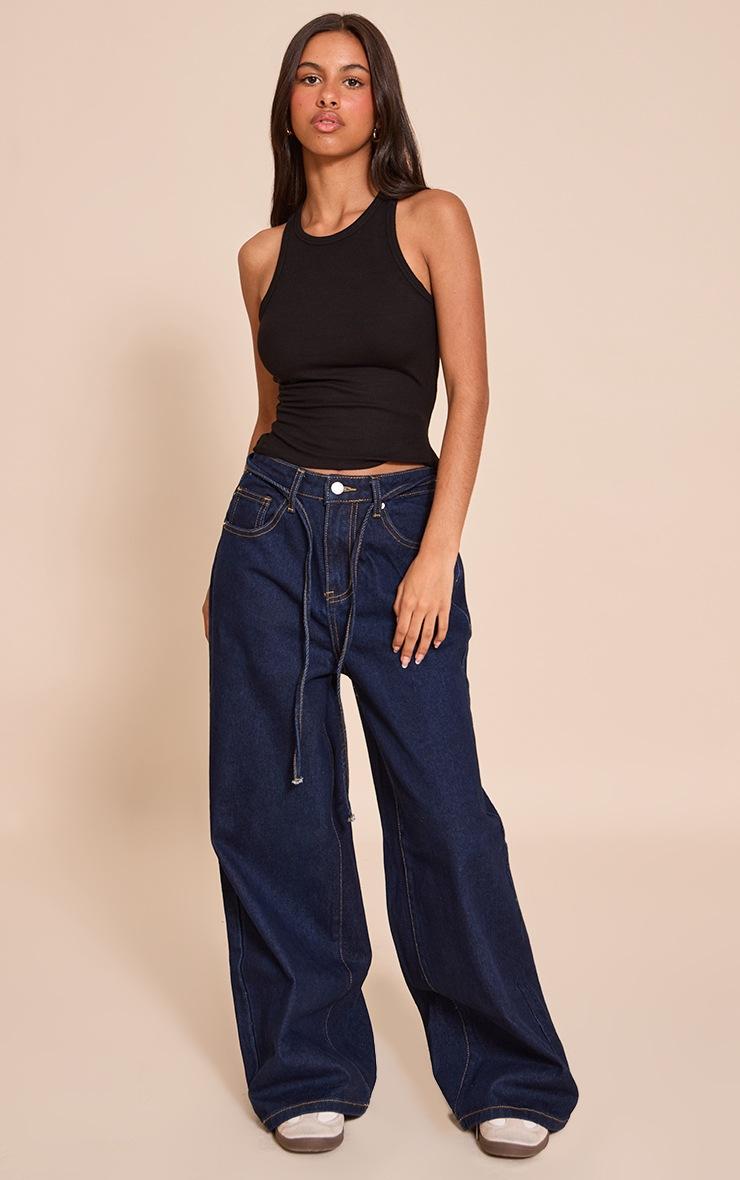 Pretty Little Thing Petite Black Soft Rib Racer Neck Vest Top