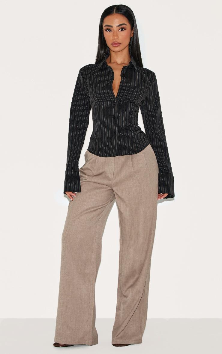 Pretty Little Thing Petite Black Striped Long Sleeve Fitted Shirt