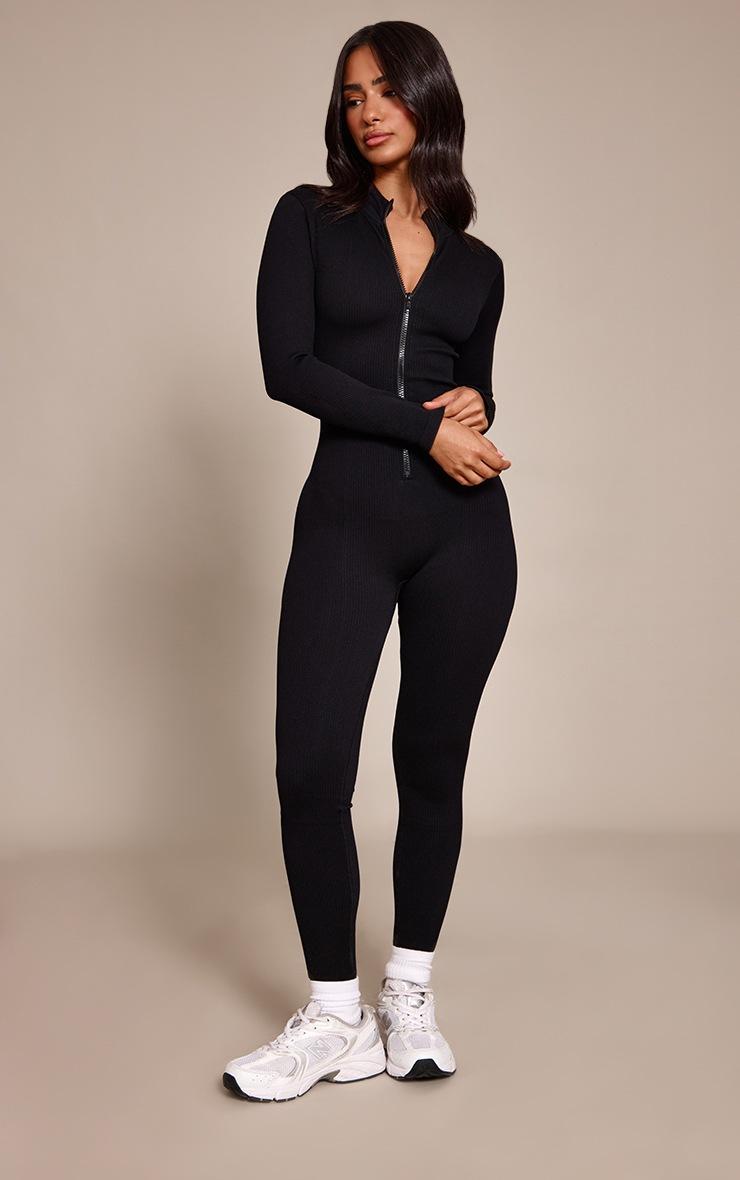 Pretty Little Thing Petite Black Structured Ribbed Jumpsuit