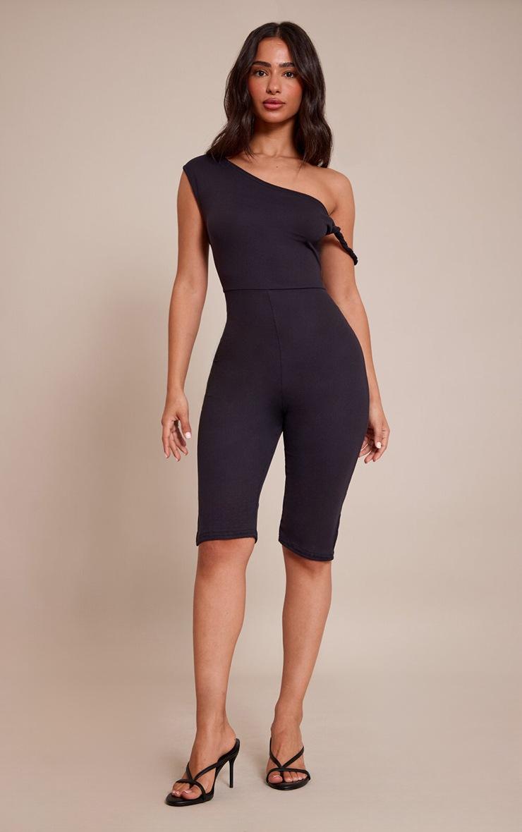 Pretty Little Thing Petite Black Super Soft Bardot Twist Detail Fitted Jumpsuit