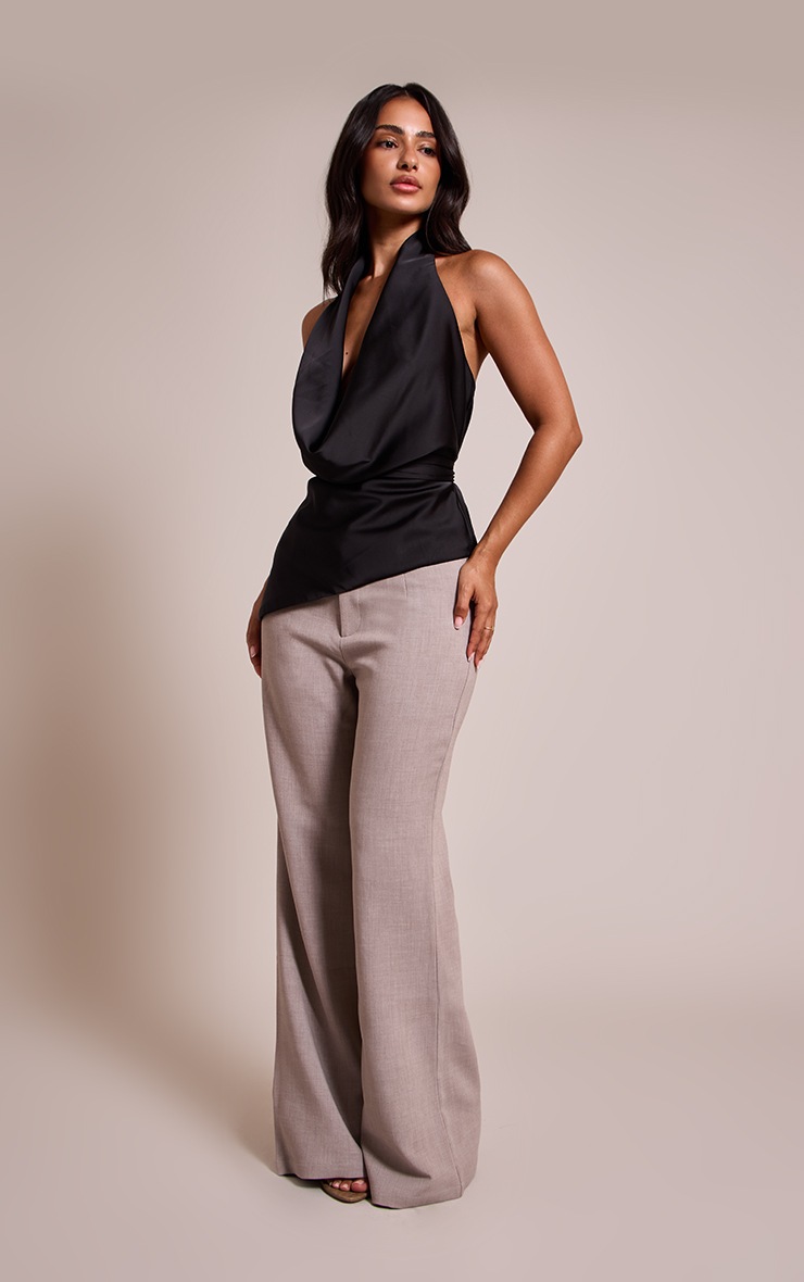 Pretty Little Thing Petite Black Tie Detail Satin Cowl Ruched Top