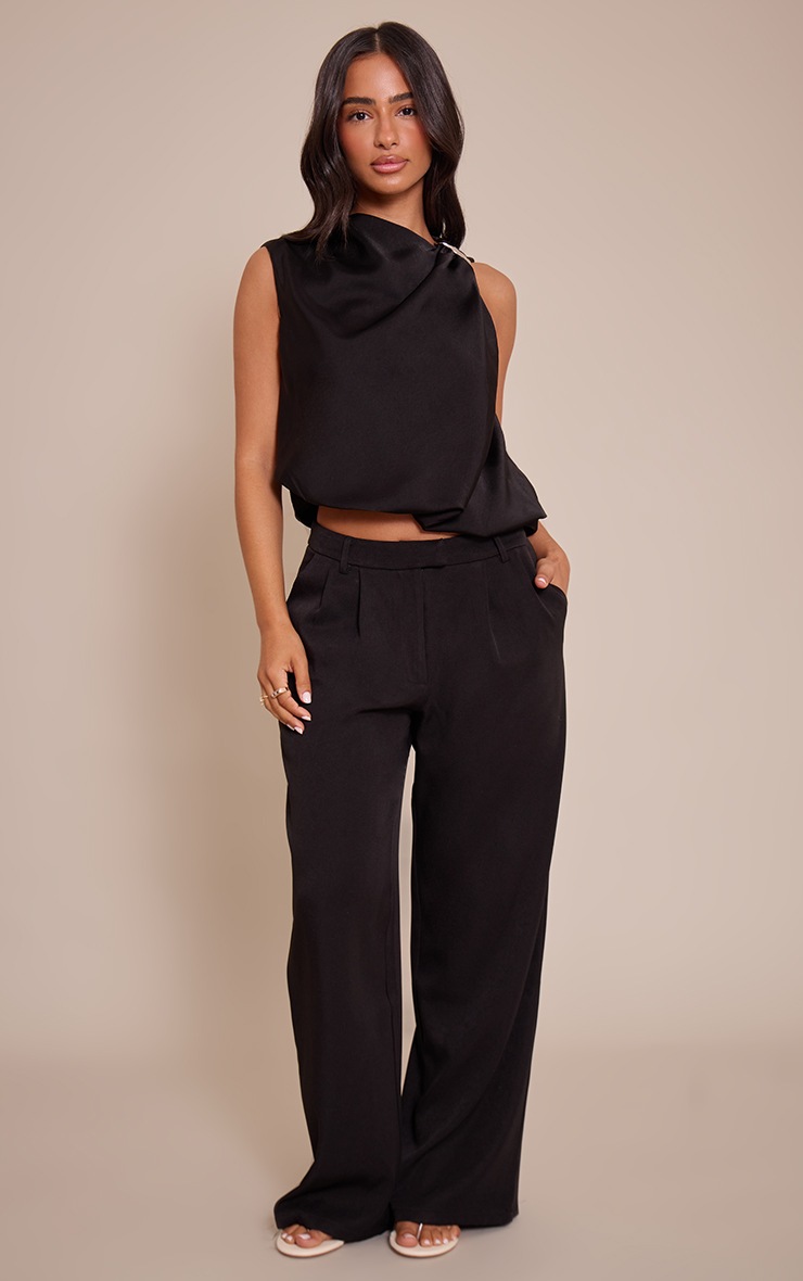 Pretty Little Thing Petite Black Trim Detail Satin Sleeveless Top