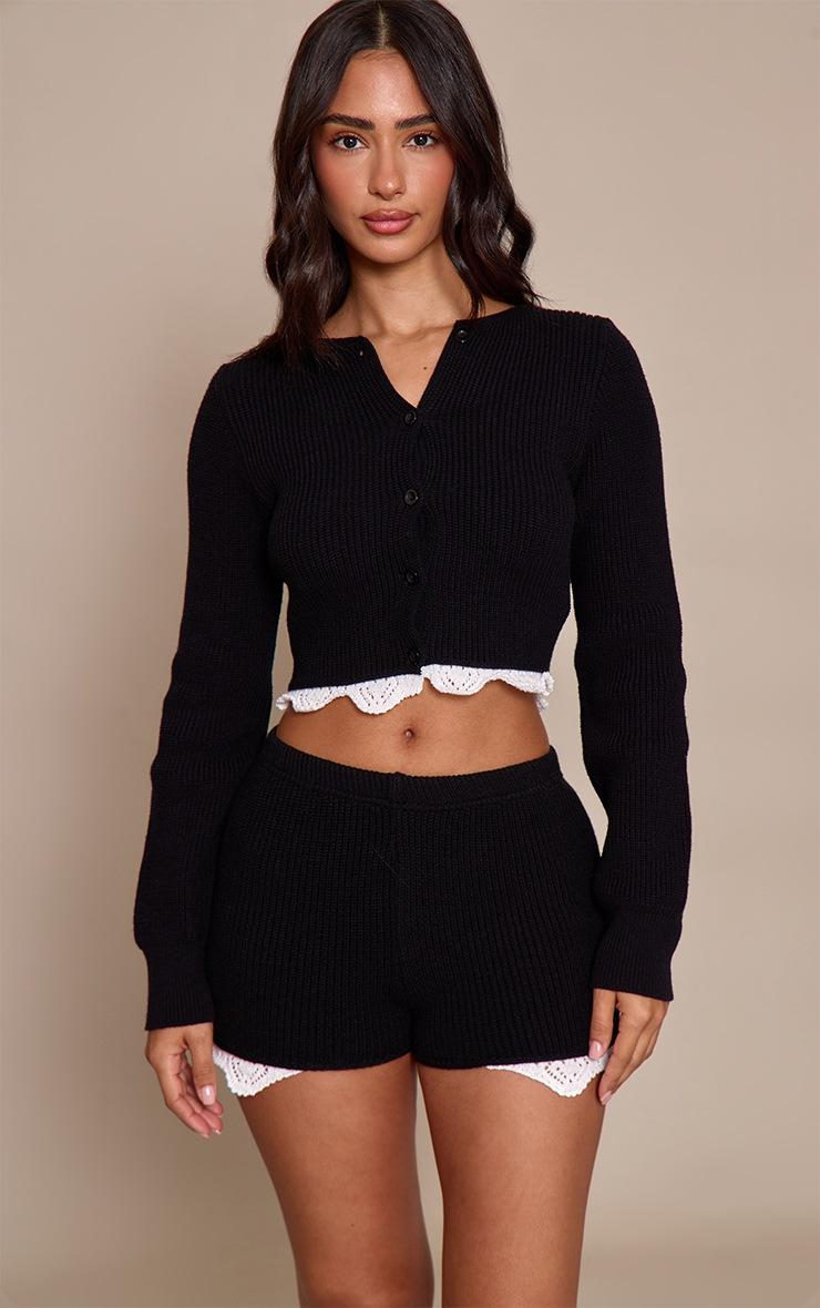 Pretty Little Thing Petite Black Trim Hem Detail Button Up Knit Cardigan