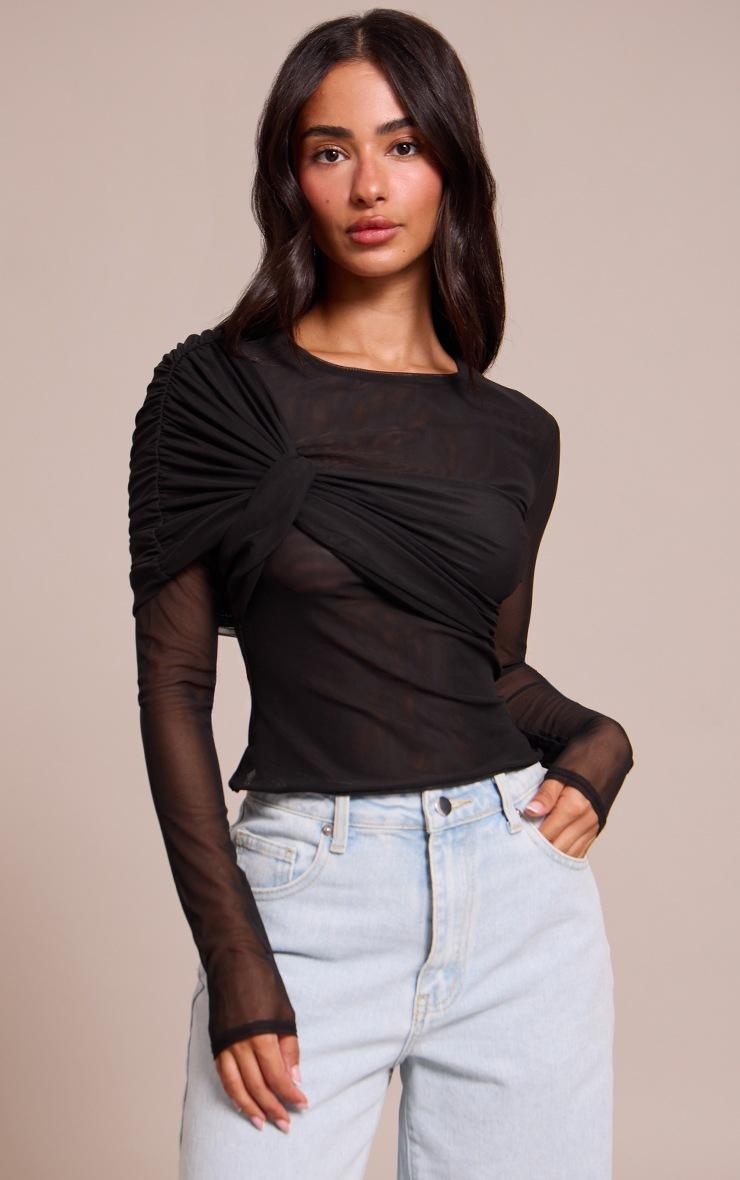 Pretty Little Thing Petite Black Twist Front Detail Long Sleeve Top