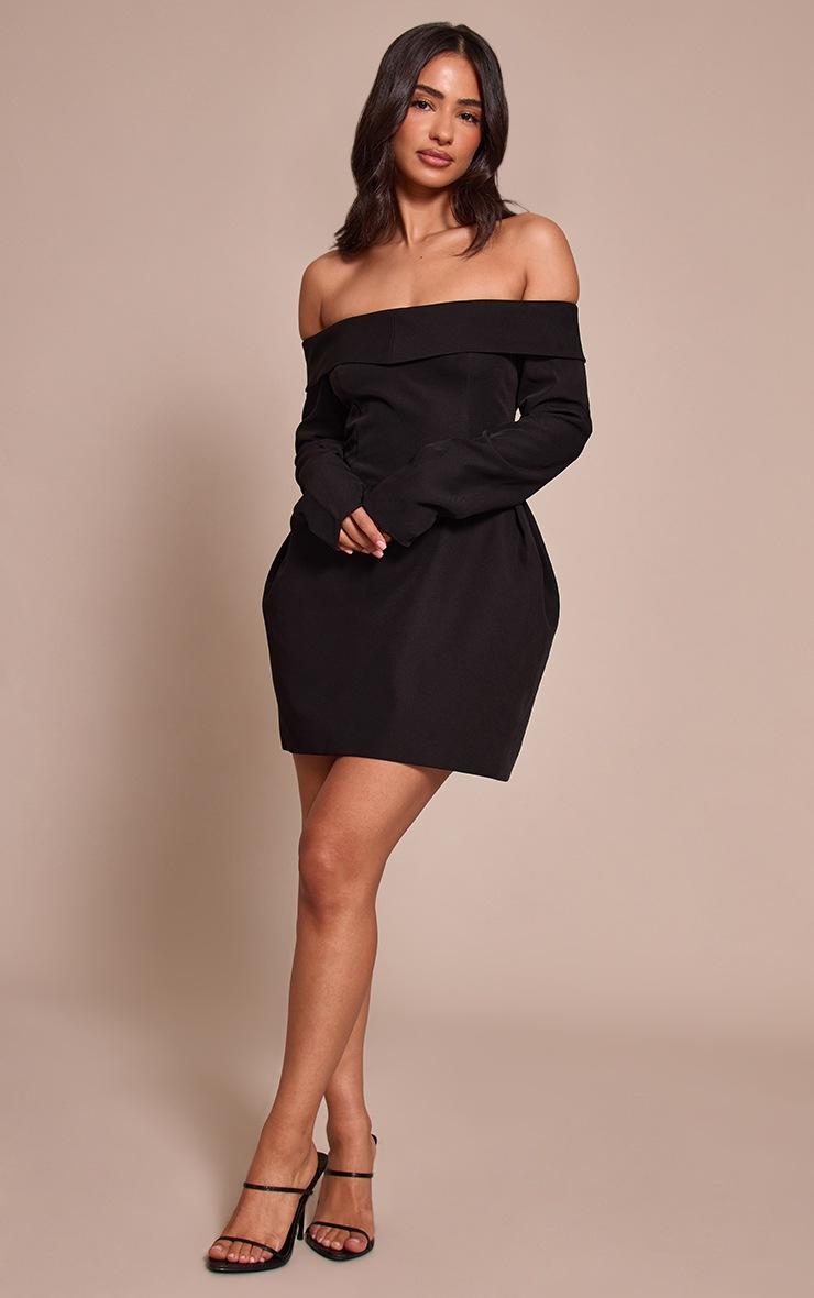Pretty Little Thing Petite Black Woven Bardot Over Hip Mini Dress