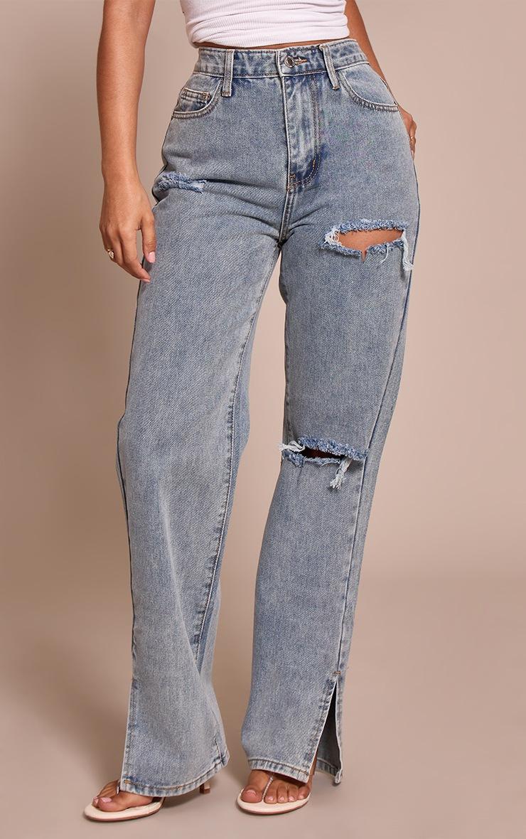 Pretty Little Thing Petite Bleach Wash Ripped Split Hem Jeans
