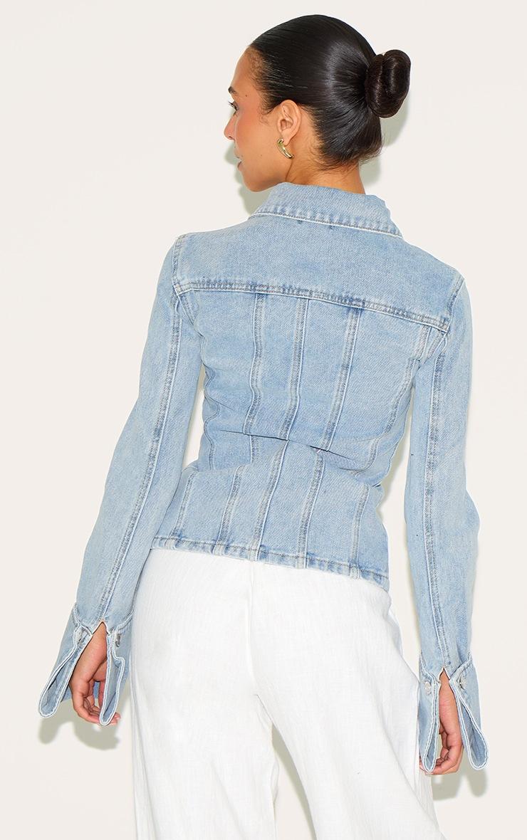 Pretty Little Thing Petite Blue Fitted Seam Detail Denim Jacket