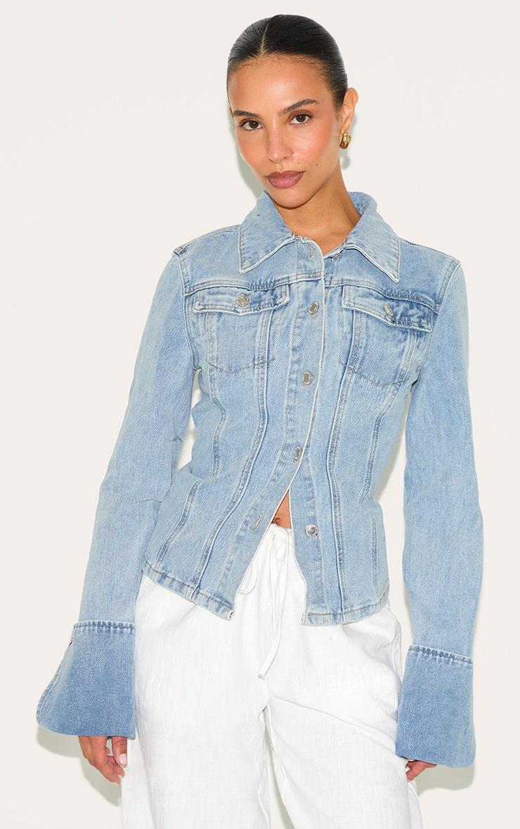 Pretty Little Thing Petite Blue Fitted Seam Detail Denim Jacket