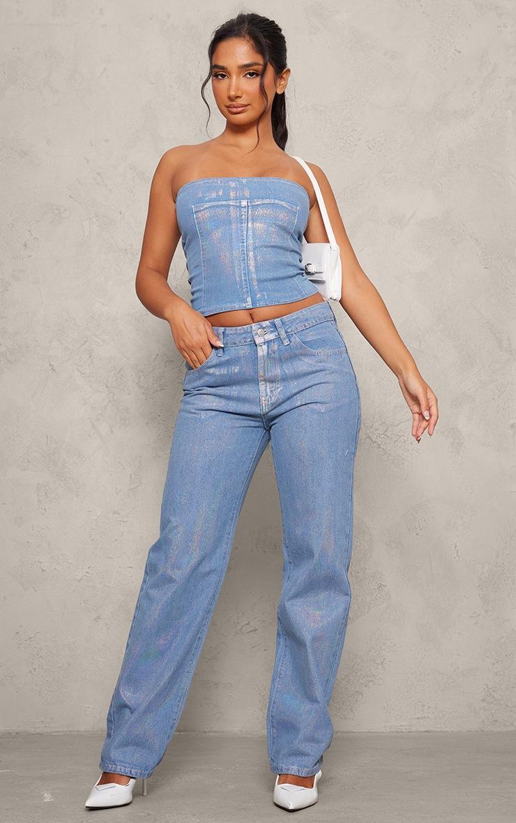 Pretty Little Thing Petite Blue Iridescent Metallic Denim Jeans