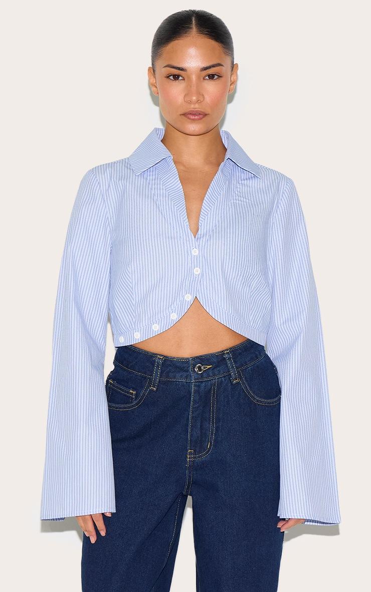 Pretty Little Thing Petite Blue Pinstripe Cropped Long Sleeve Shirt