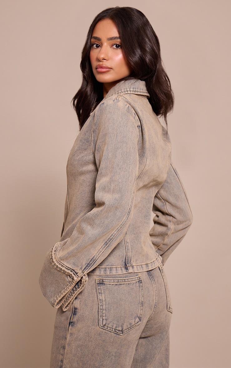 Pretty Little Thing Petite Blue Vintage Wash Long Sleeve Fitted Denim Shirt