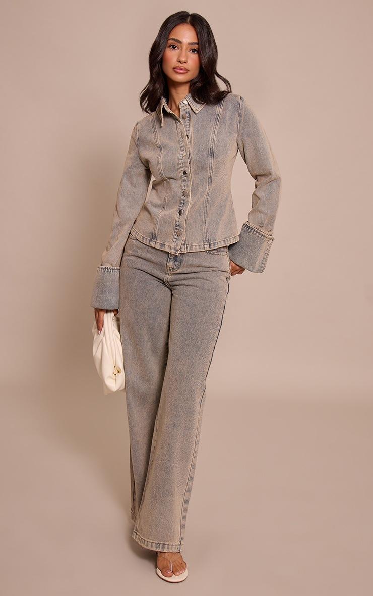 Pretty Little Thing Petite Blue Vintage Wash Long Sleeve Fitted Denim Shirt