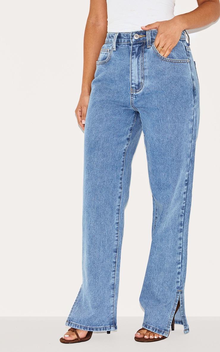 Pretty Little Thing Petite Blue Vintage Wash Split Hem Jeans