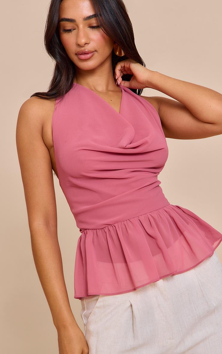 Pretty Little Thing Petite Blush Rose Chiffon Cowl Peplum Hem Halterneck Top