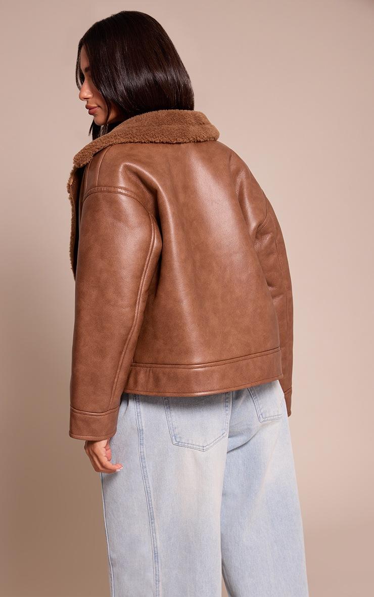 Pretty Little Thing Petite Brown Borg Collar Faux Leather Aviator