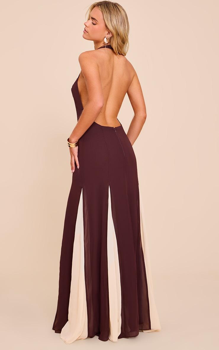 Pretty Little Thing Petite Brown Contrast Split Detail Halterneck Dress