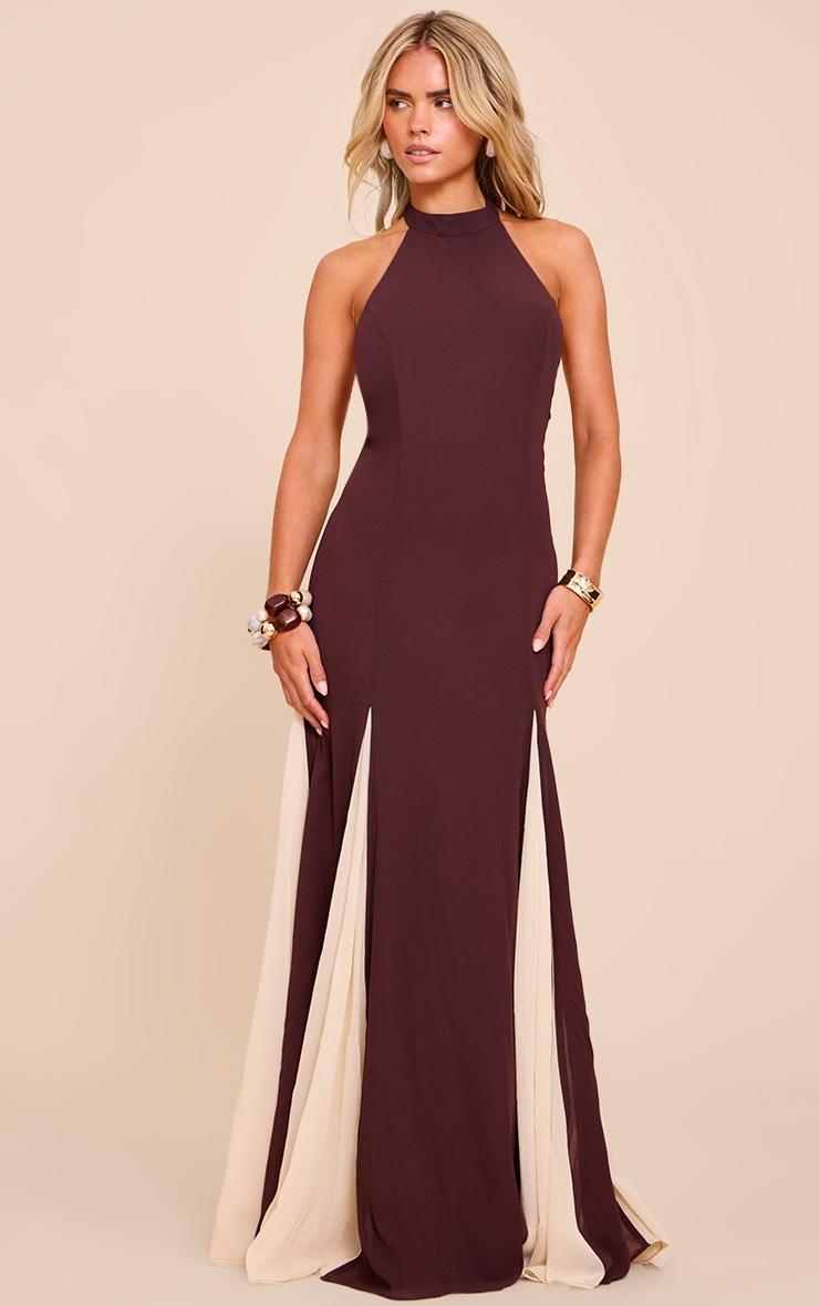 Pretty Little Thing Petite Brown Contrast Split Detail Halterneck Dress