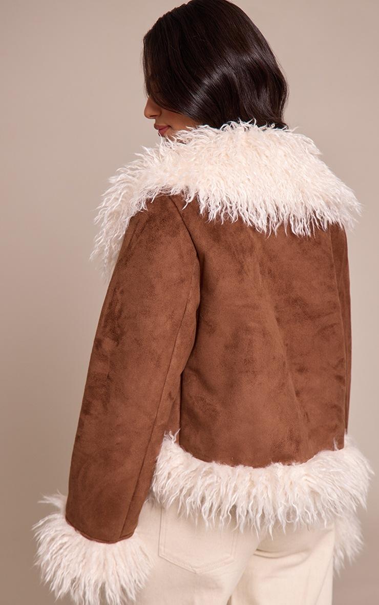 Pretty Little Thing Petite Brown Faux Suede Fur Trim Afghan Coat