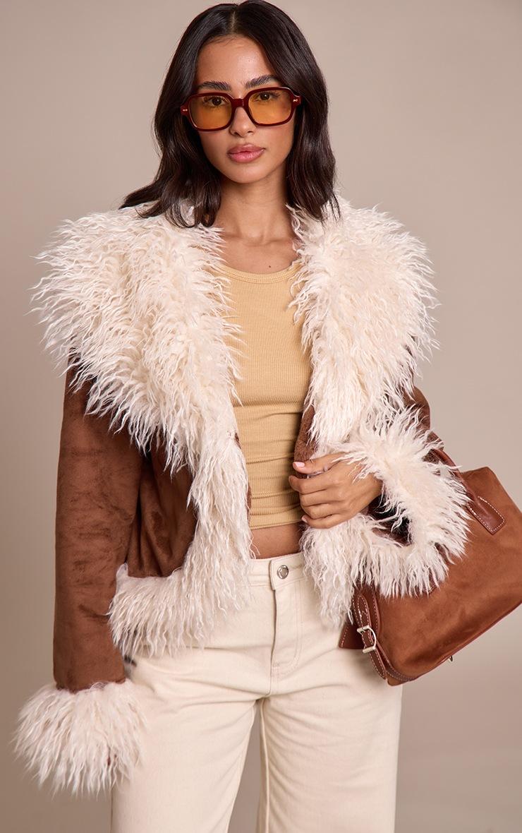 Pretty Little Thing Petite Brown Faux Suede Fur Trim Afghan Coat
