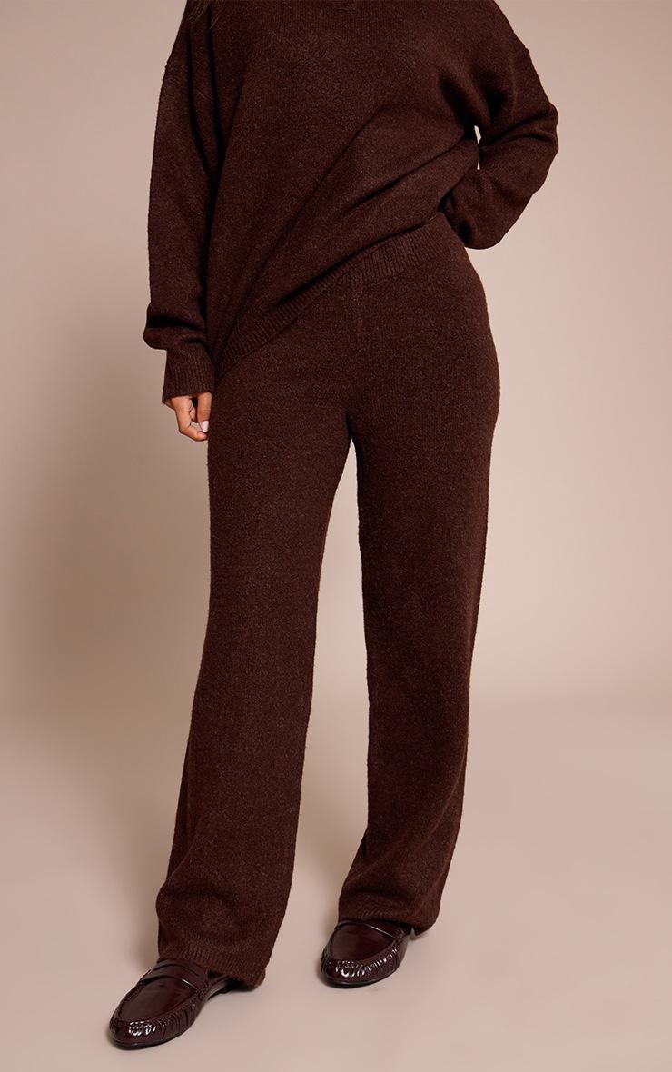 Pretty Little Thing Petite Brown Ribbed Waist Knitted Wide Leg Pants