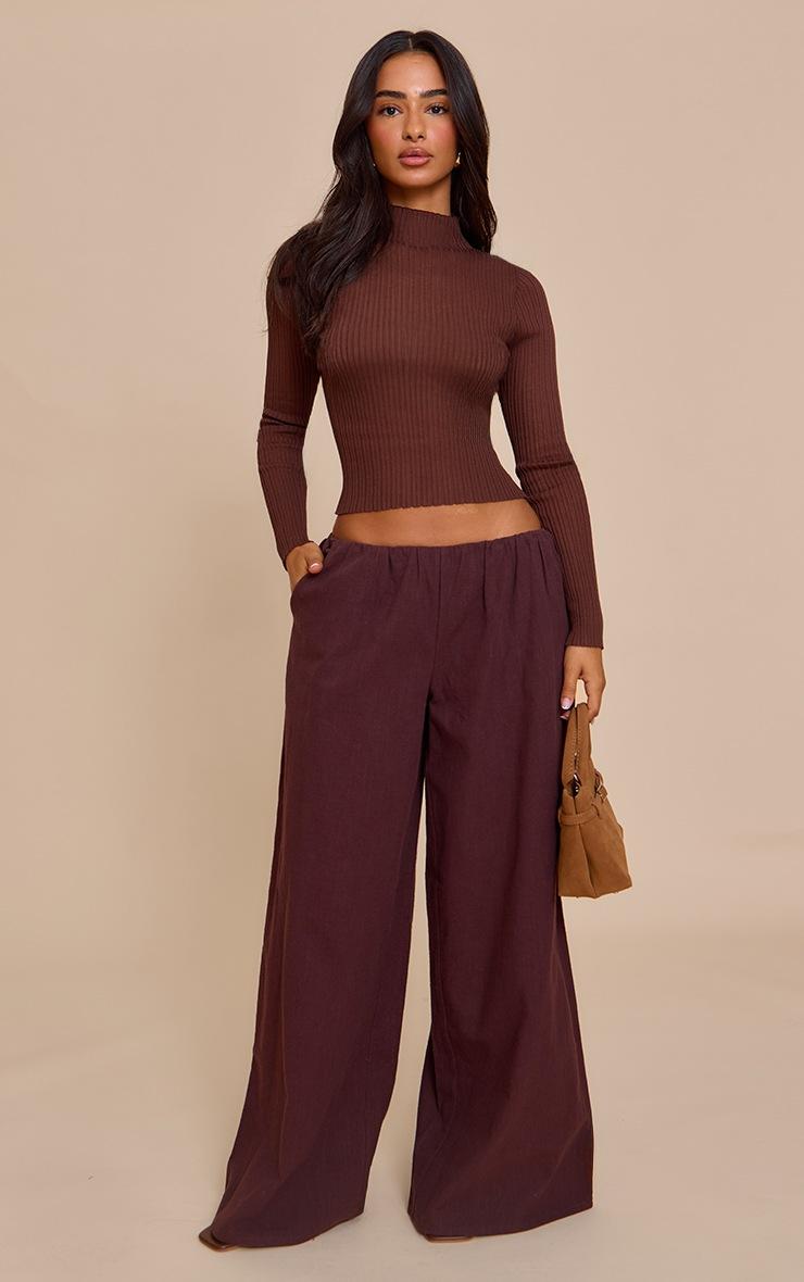 Pretty Little Thing Petite Brown Sheer Knit Long Sleeve High Neck Top