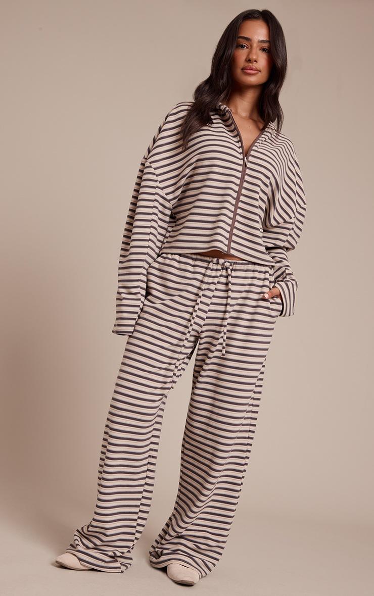 Pretty Little Thing Petite Brown Striped Soft Fleece Zip Up Jacket