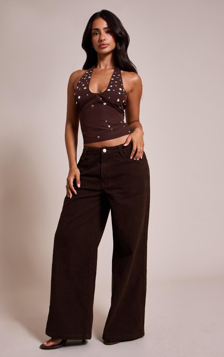 Pretty Little Thing Petite Brown Stud Detail Halterneck Top