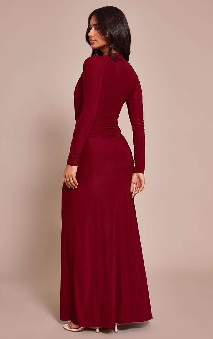 Pretty Little Thing Petite Burgundy Double Layer Slinky Long Sleeve Ruched Tie Front Maxi Dress
