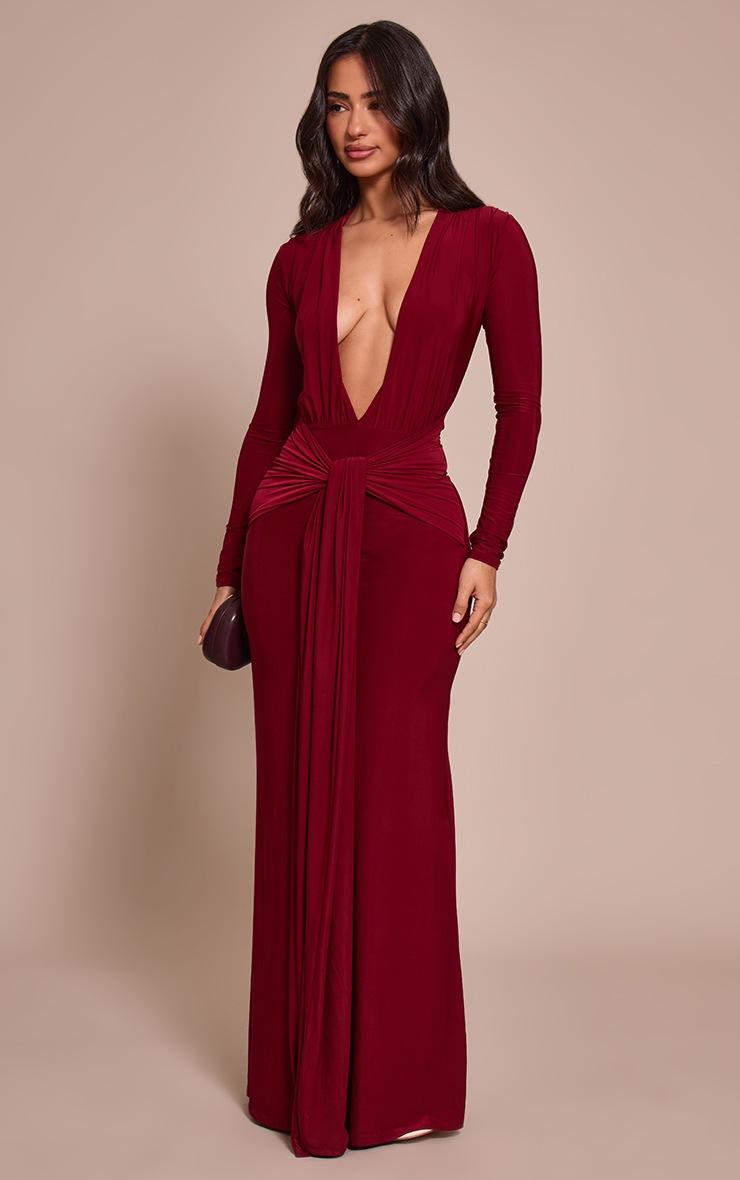 Pretty Little Thing Petite Burgundy Double Layer Slinky Long Sleeve Ruched Tie Front Maxi Dress