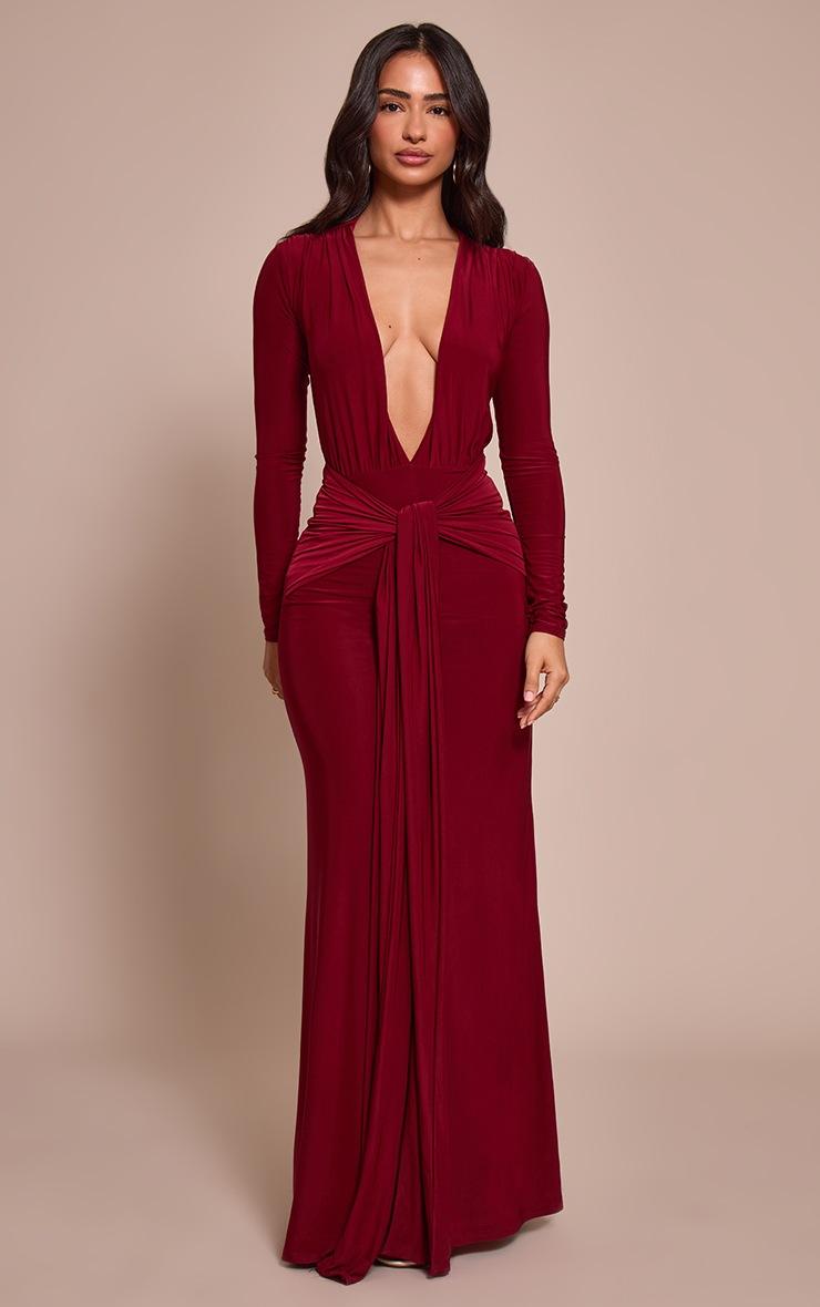 Pretty Little Thing Petite Burgundy Double Layer Slinky Long Sleeve Ruched Tie Front Maxi Dress