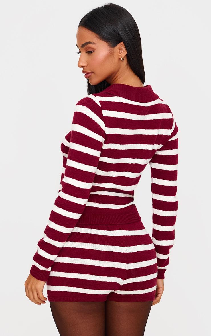 Pretty Little Thing Petite Burgundy Knitted Stripe Collar Detail Long Sleeve Top