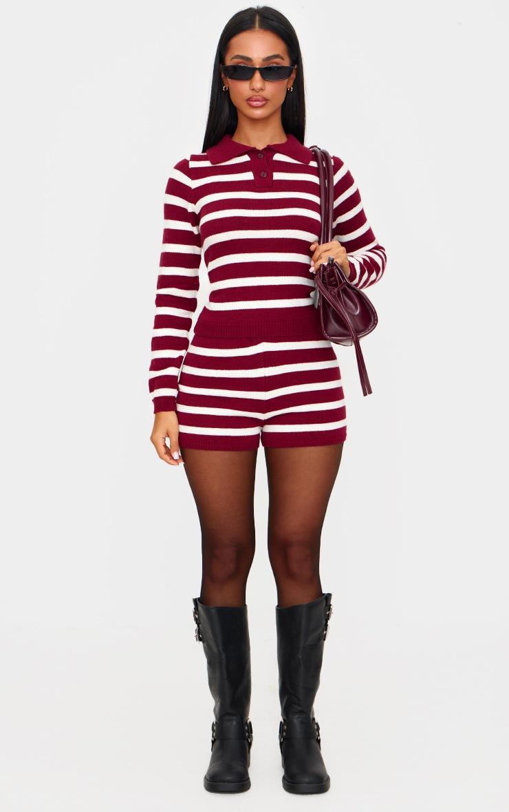 Pretty Little Thing Petite Burgundy Knitted Stripe Collar Detail Long Sleeve Top
