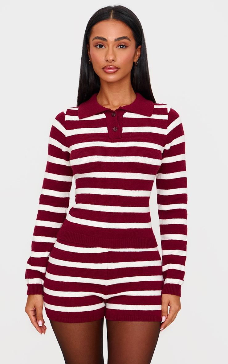 Pretty Little Thing Petite Burgundy Knitted Stripe Collar Detail Long Sleeve Top