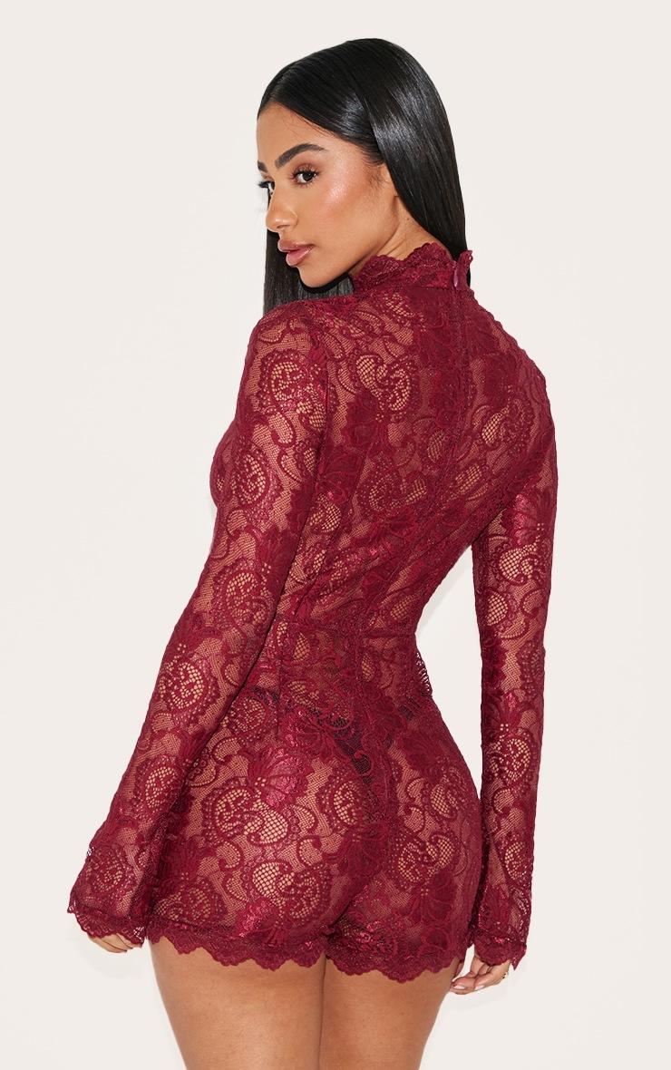 Pretty Little Thing Petite Burgundy Lace Long Sleeve Fitted Romper