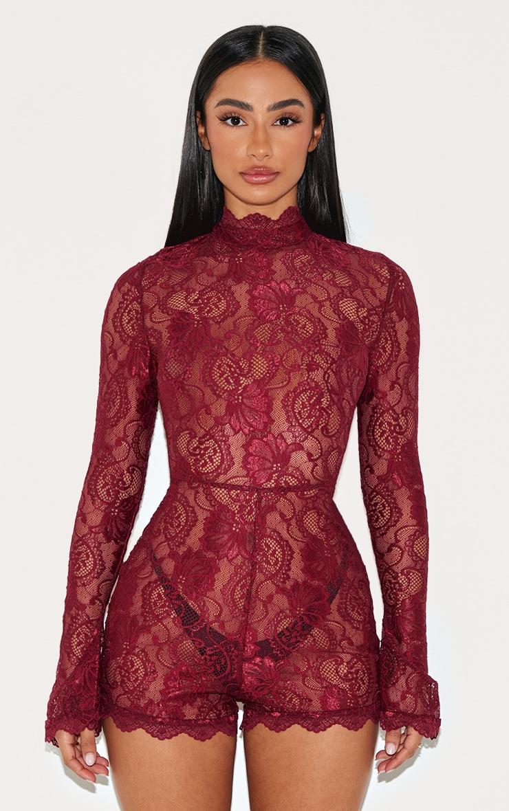 Pretty Little Thing Petite Burgundy Lace Long Sleeve Fitted Romper