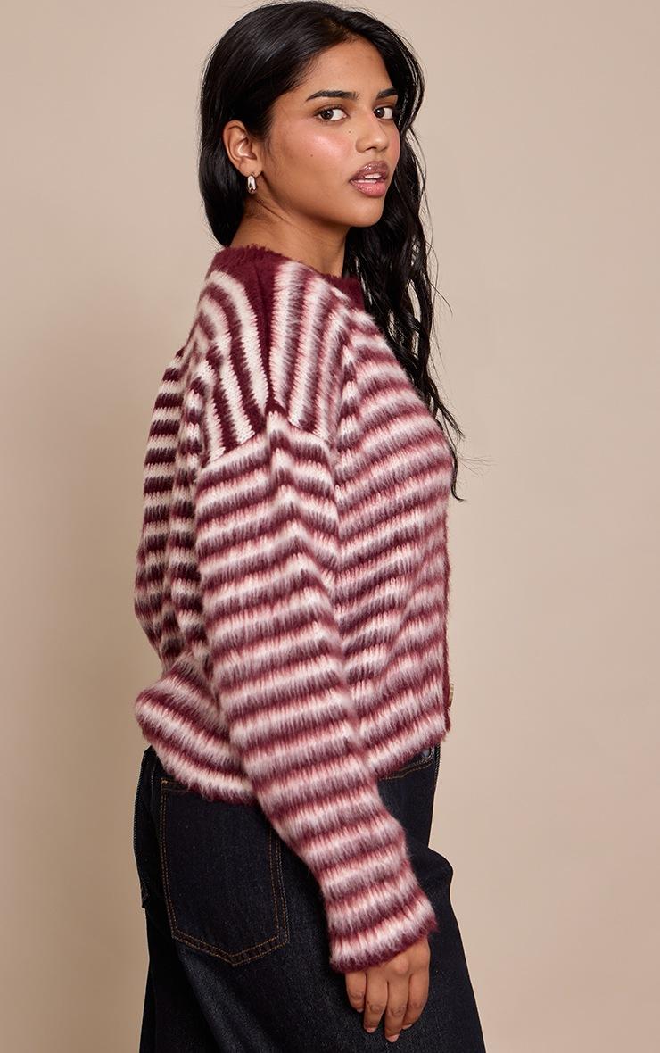 Pretty Little Thing Petite Burgundy Stripe Brushed Knit Cardigan