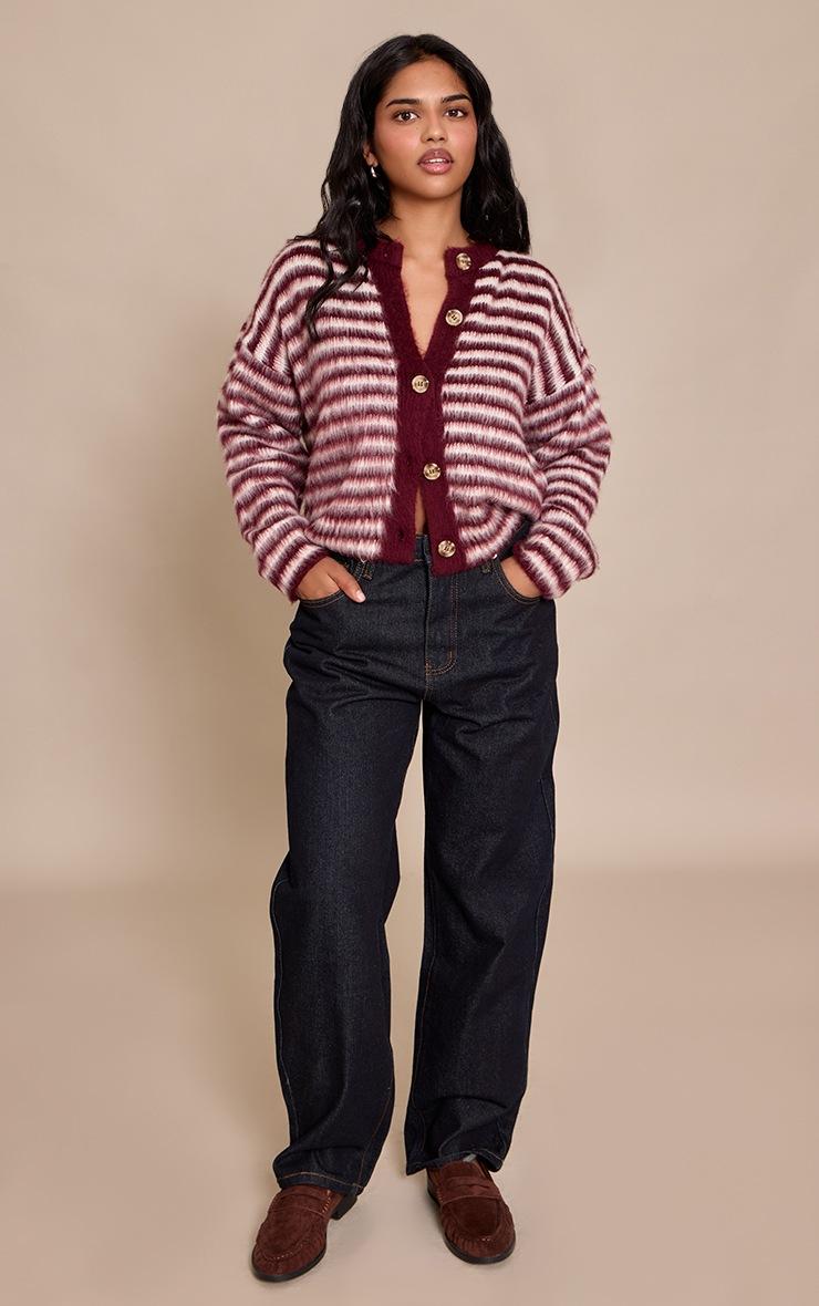 Pretty Little Thing Petite Burgundy Stripe Brushed Knit Cardigan