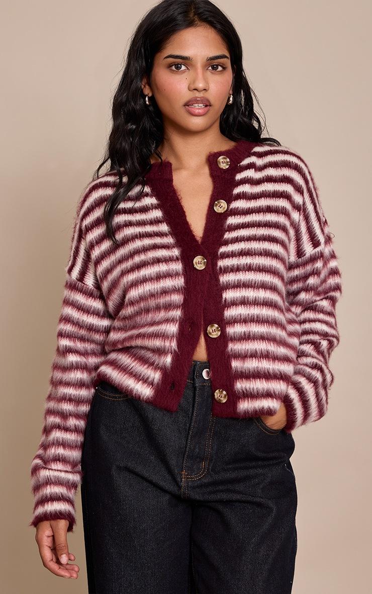 Pretty Little Thing Petite Burgundy Stripe Brushed Knit Cardigan