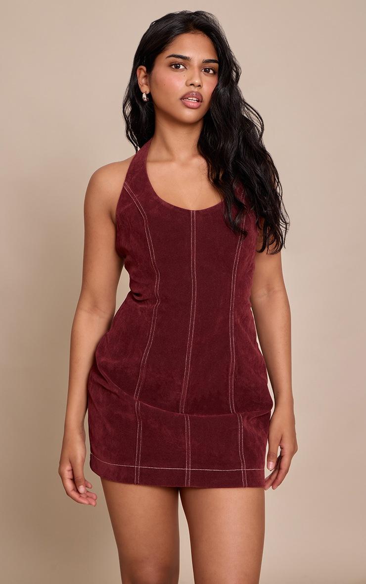 Pretty Little Thing Petite Burgundy Suede Halterneck Fitted Mini Dress