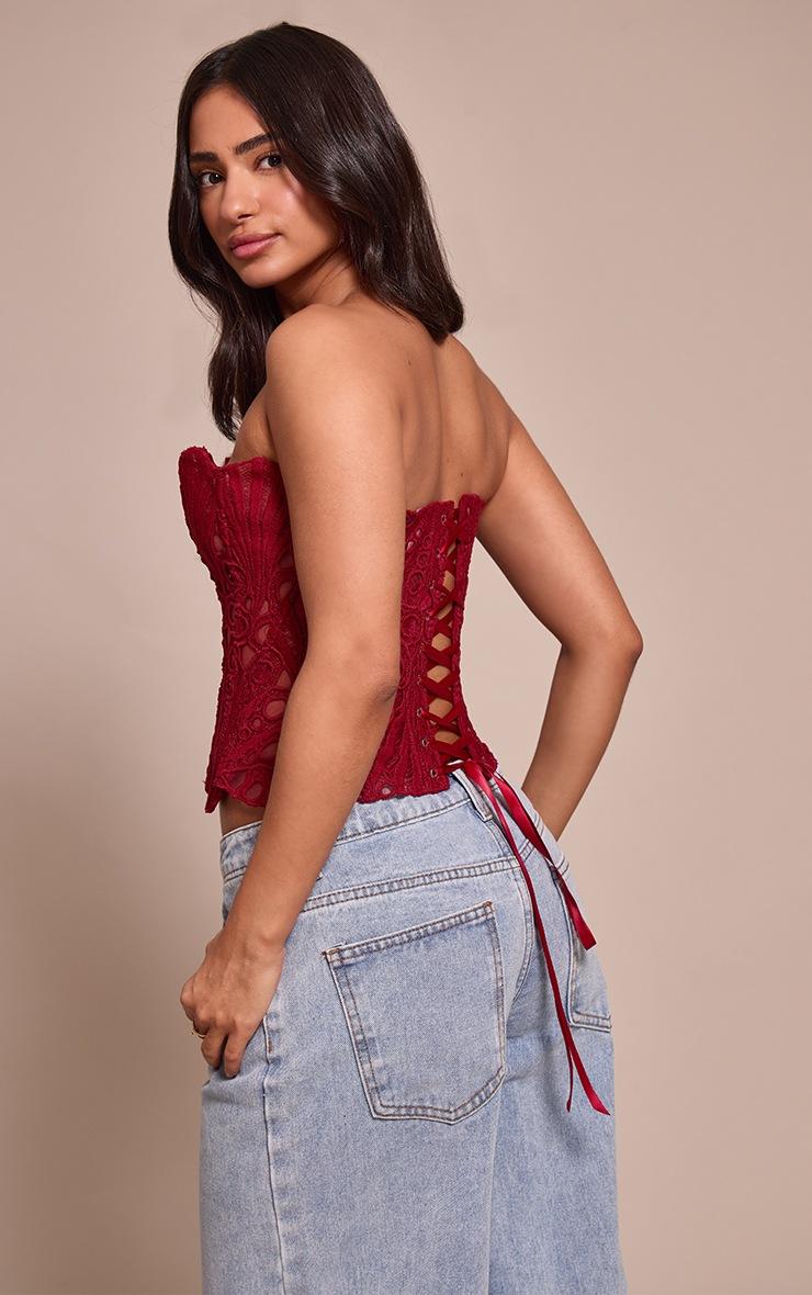 Pretty Little Thing Petite Burgundy Textured Sheer Floral Lace Corset