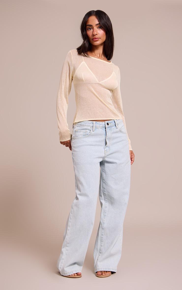 Pretty Little Thing Petite Butter Cream Sheer Knit Long Sleeve Top