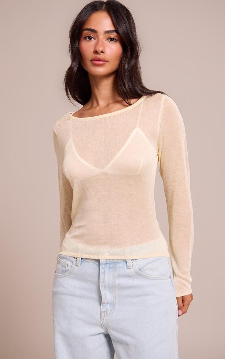 Pretty Little Thing Petite Butter Cream Sheer Knit Long Sleeve Top
