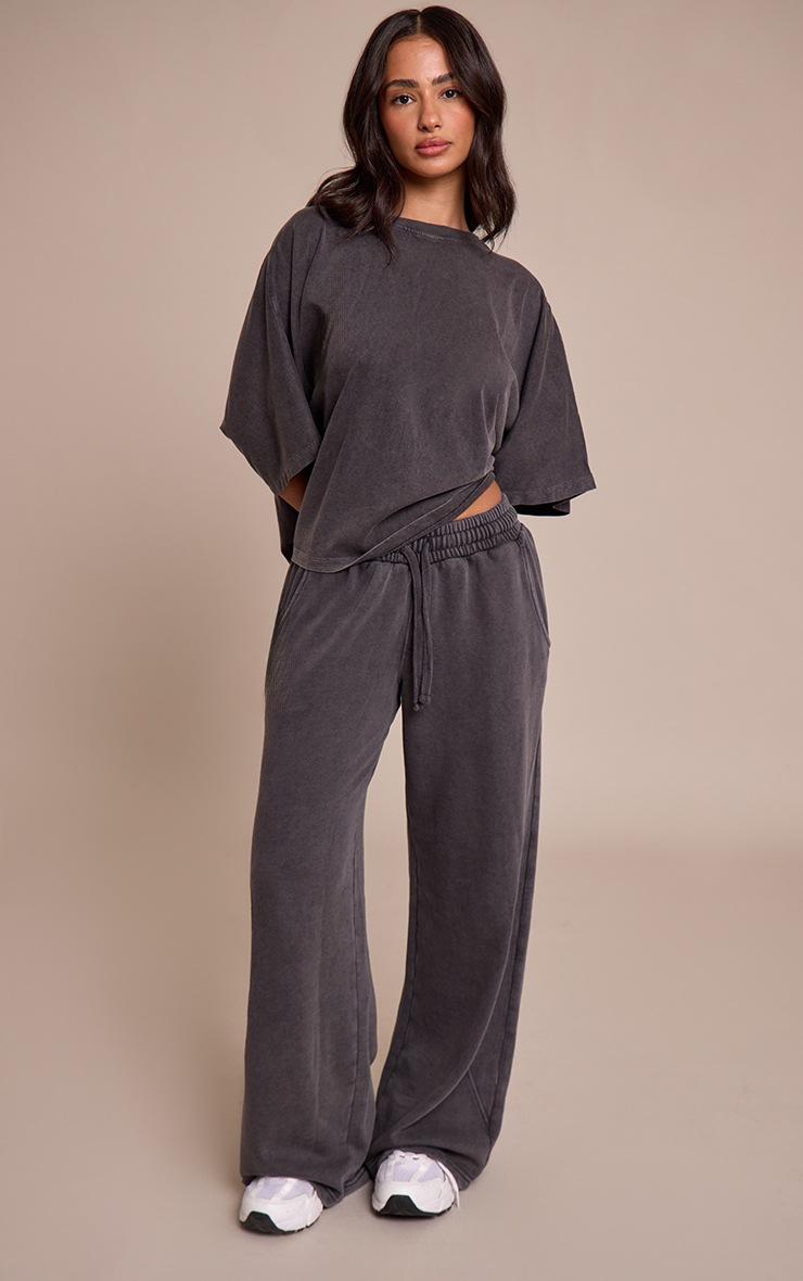 Pretty Little Thing Petite Charcoal Acid Wash Oversized Boxy Tshirt