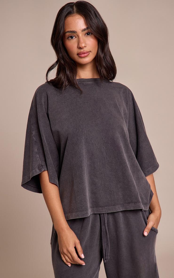 Pretty Little Thing Petite Charcoal Acid Wash Oversized Boxy Tshirt