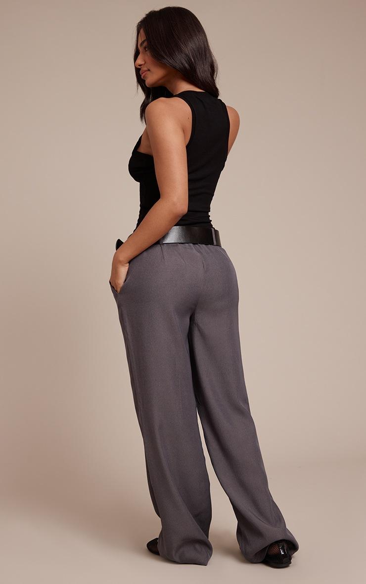 Pretty Little Thing Petite Charcoal Belted Wide Leg Pants